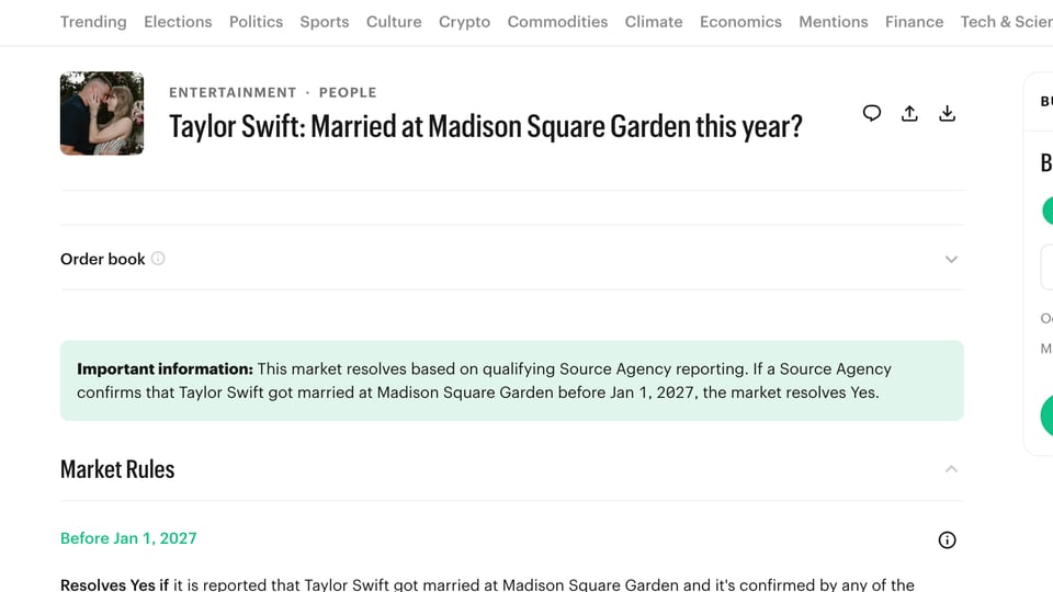Kalshi market screenshot about Taylor Swift wedding odds